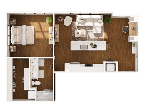 Floor plan for 1 bed, 1 bath, 839 sqft